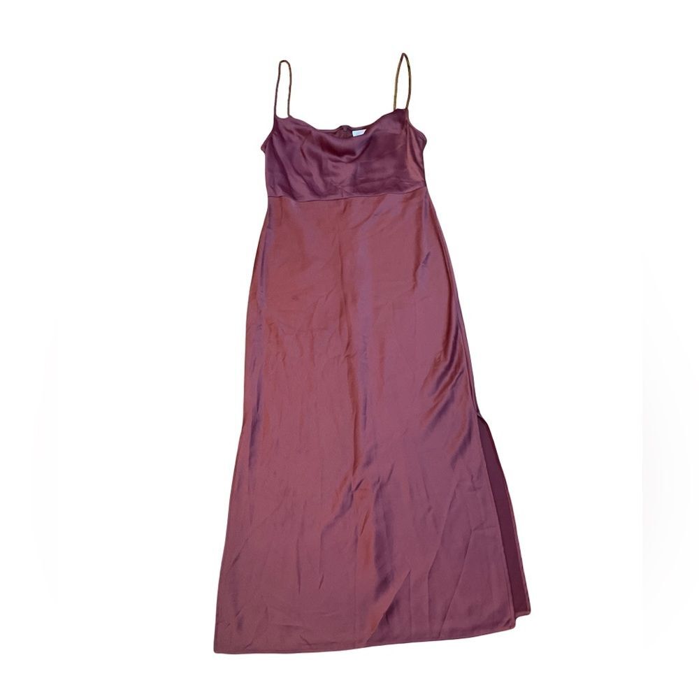 BHLDN Sz 14 Satin Maxi Rust Dress Spaghetti strap Two knee height side slits